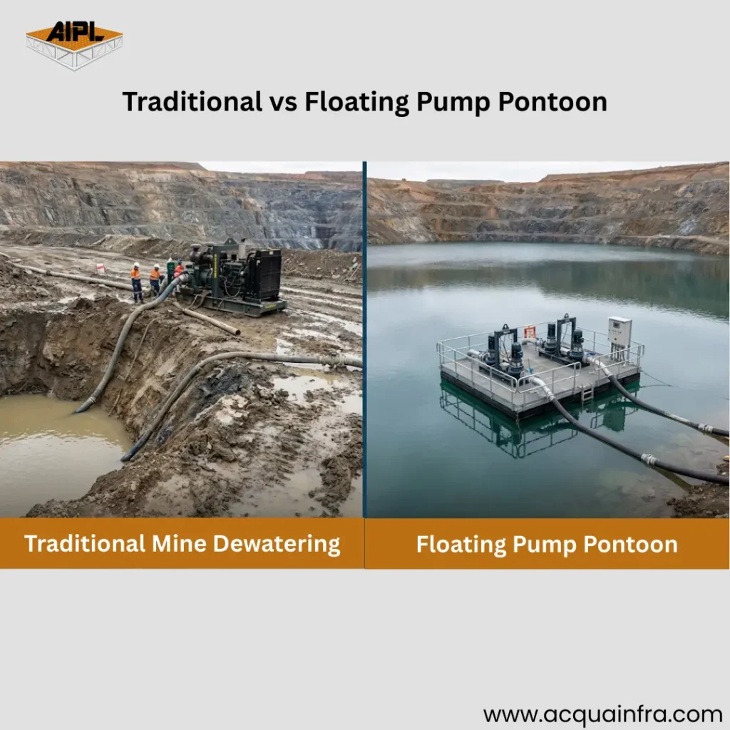 Traditional mine dewatering system versus floating pump pontoon solution
