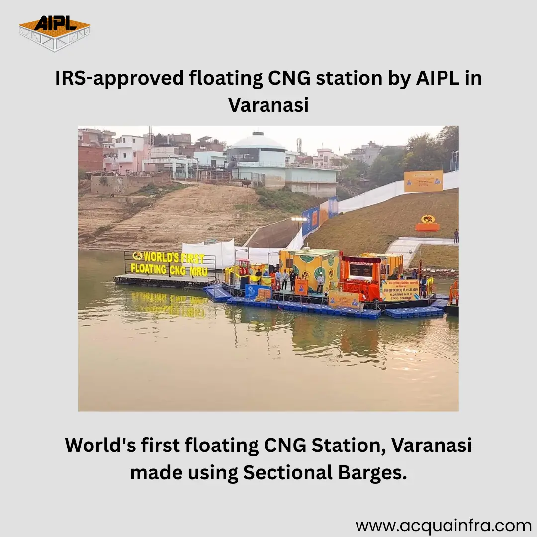 Modern-day uses of Sectional Barges, including CNG station, floating solar and event platforms