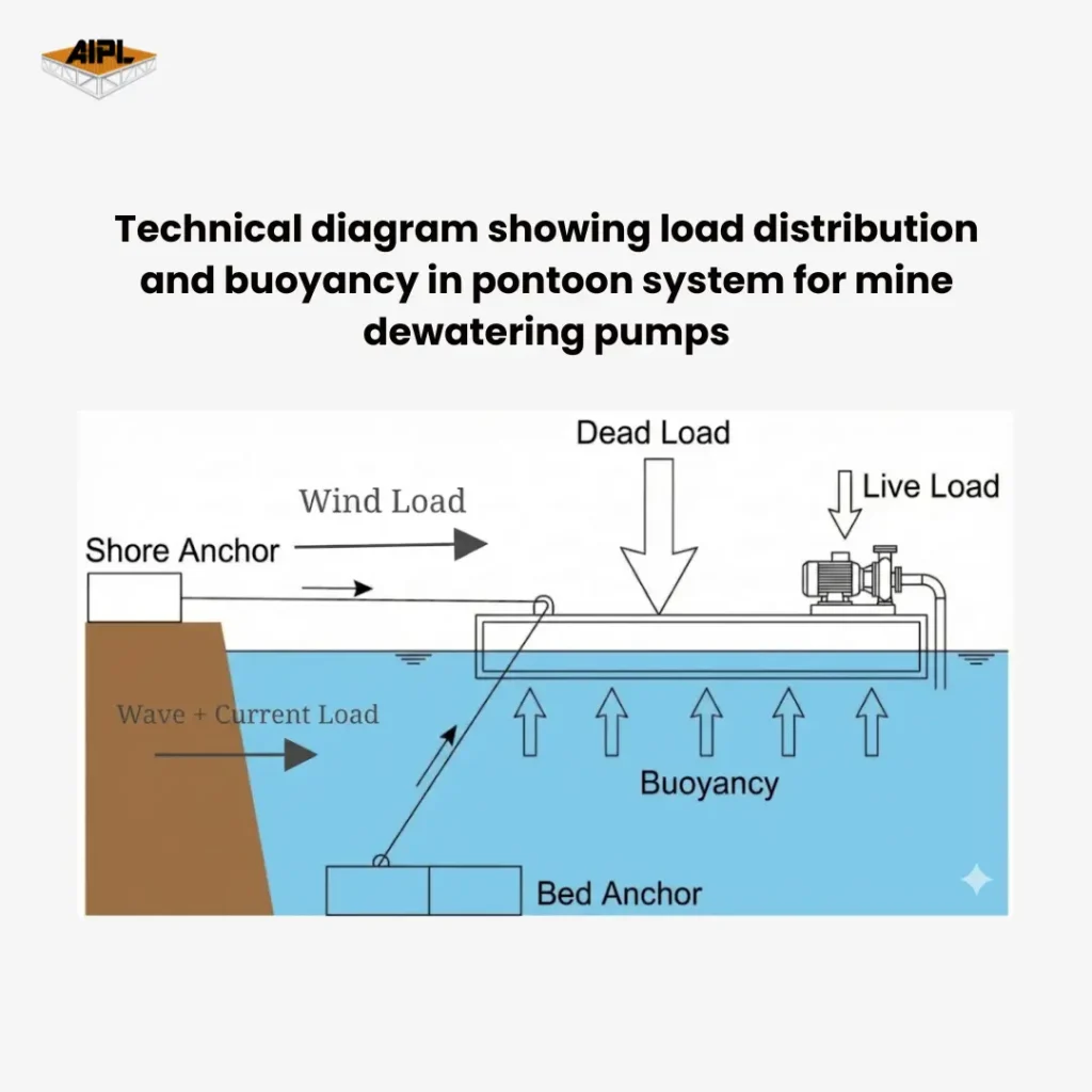 Technical diagram showing load distribution and buoyancy in pontoon system for mine dewatering pumps