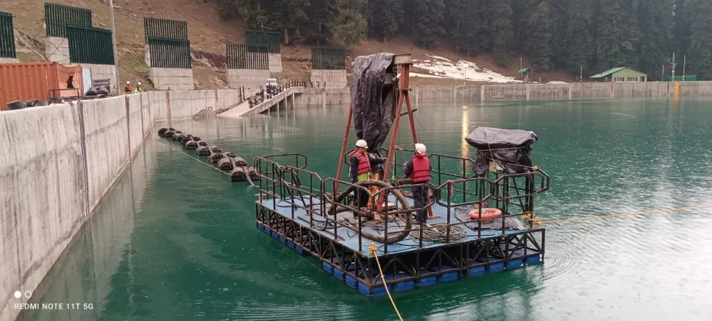 Floating Pump Pontoon supporting rural water supply infrastructure at Bansagar Dam in Rewa, Madhya Pradesh