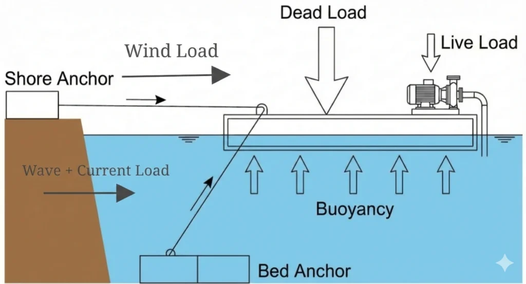 Technical diagram showing load distribution and buoyancy in the Floating Pump pontoon.