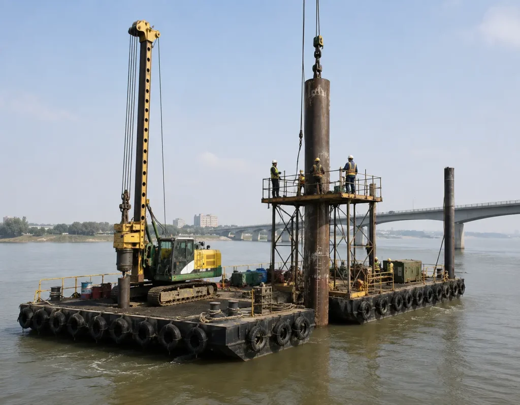 Construction Barges used for bridge construction and marine work operations over water