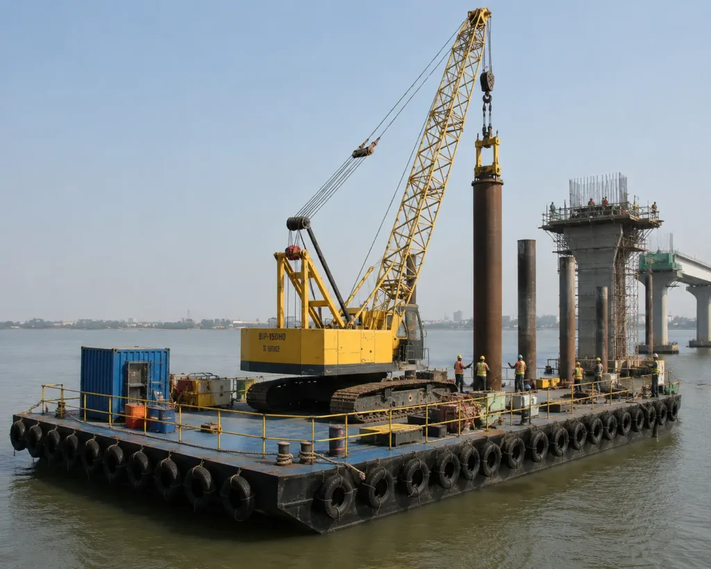 Construction Barges improving safety during bridge piling and crane operations