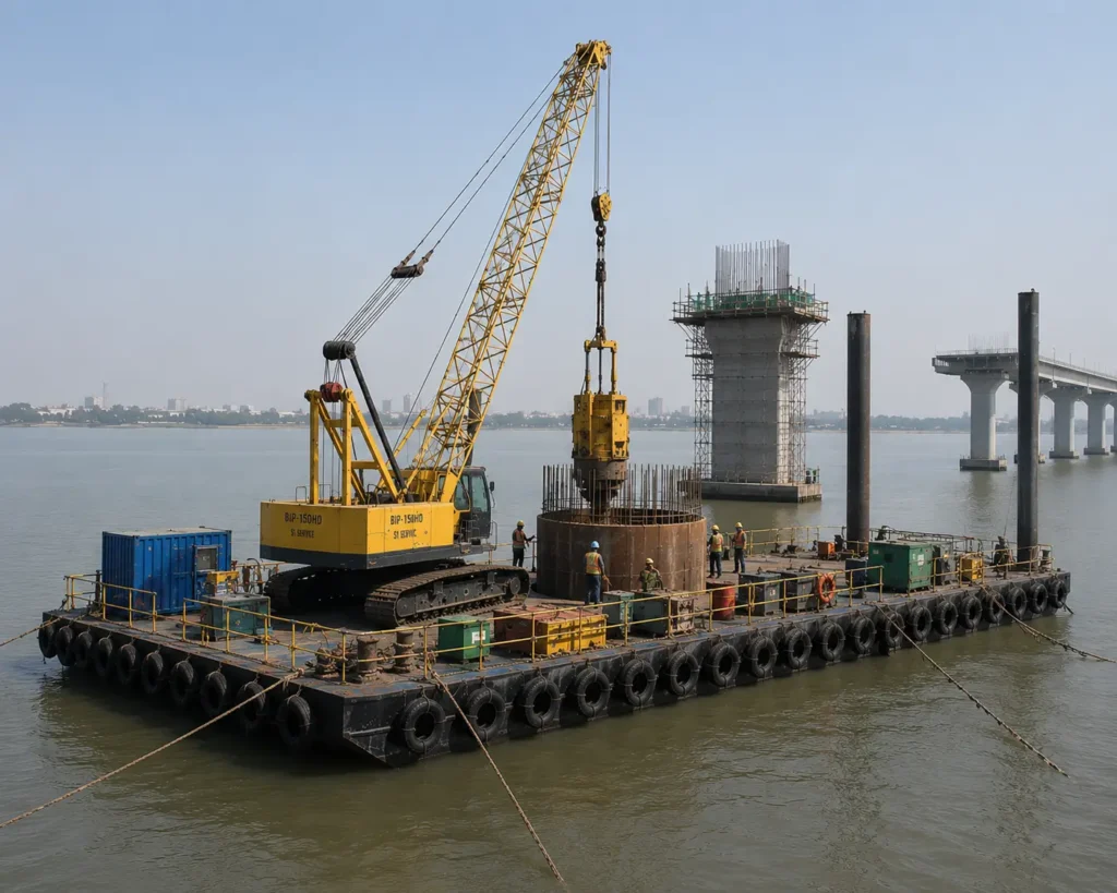 Anchored modular Construction Barge used in bridge foundation construction