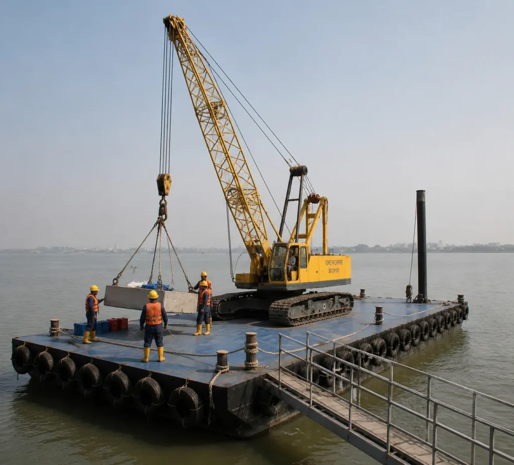 Crane operations on modular barges during construction
