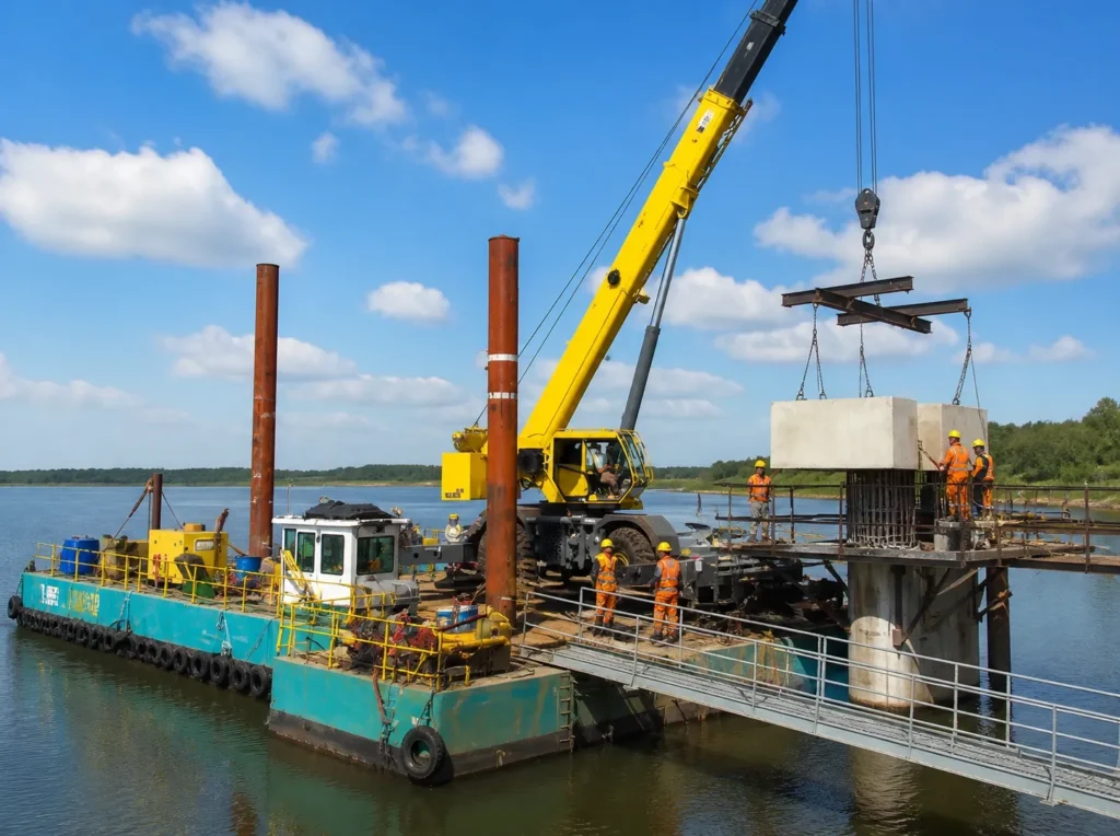 Anchoring and stability system of modular barges in construction