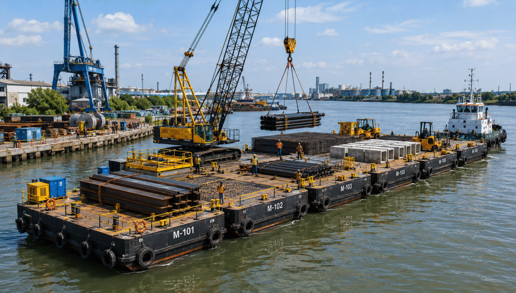 Marine-grade modular barges for industrial cargo handling and river transport