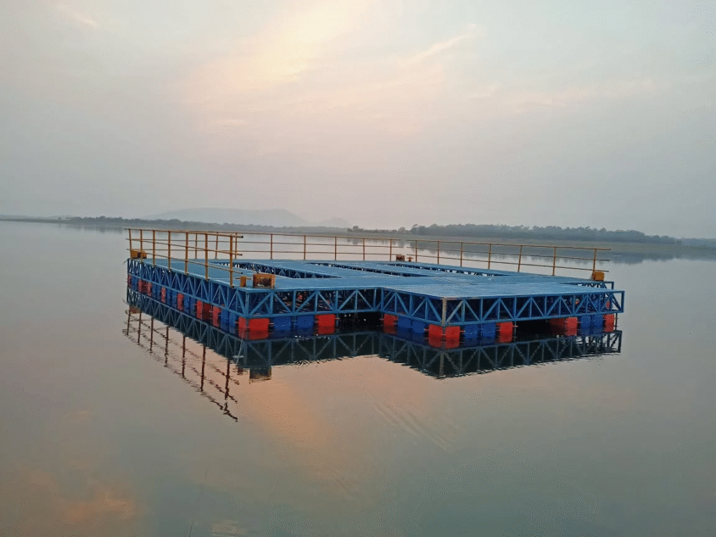  Floating pontoon system installed on a lake for industrial water intake and pumping operations.