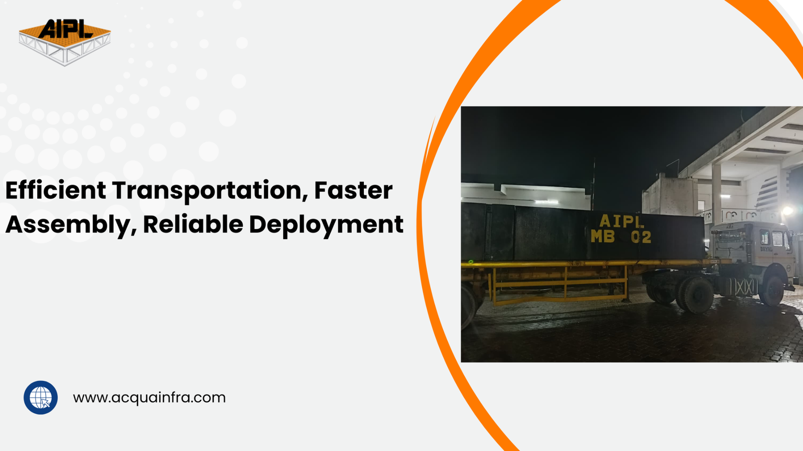AIPL modular sectional barge loaded on a truck trailer for road transportation