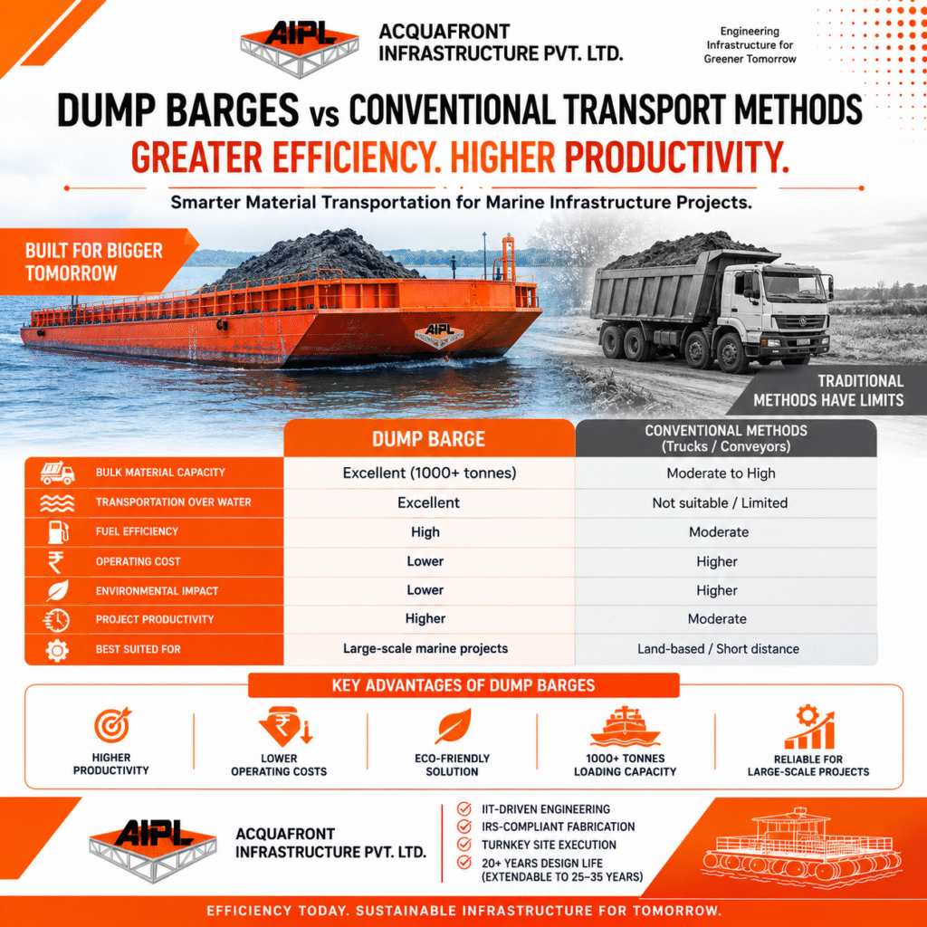 Dump Barges vs conventional transport methods, highlighting higher capacity, lower costs, better efficiency, and reduced environmental impact for marine infrastructure projects.