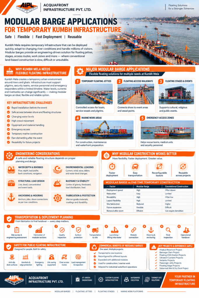 Modular barge applications for temporary floating infrastructure at Kumbh Mela, including floating jetties, walkways, stages, marine work areas and emergency access zones.