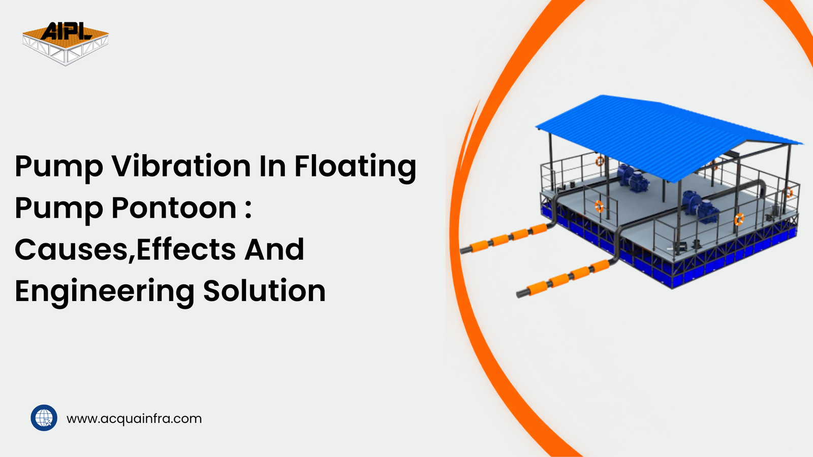 Floating pump pontoon with pumps, blue roof, railings, and piping, illustrating pump vibration causes, effects, and engineering solutions.