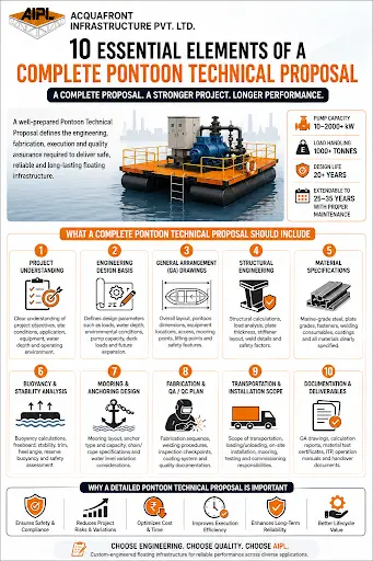Complete Pontoon Technical Proposal covering engineering, structural design, material specifications, stability, mooring, fabrication, installation and documentation.
